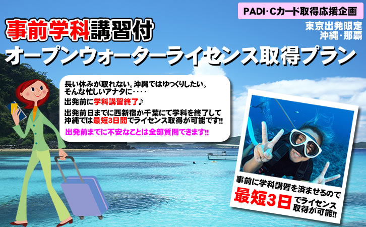 【東京発限定プラン】事前学科講習付オープンウォーターライセンス取得プラン！最短３日でダイバーに！